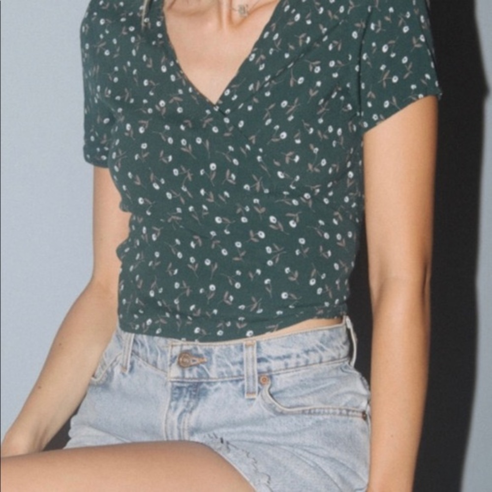 Brandy Melville Green Floral Wrap Top